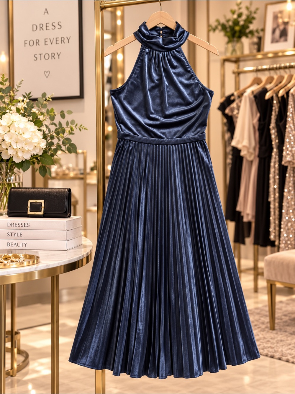 Skies Are Blue Navy Satin Halter Pleated Midi Dress